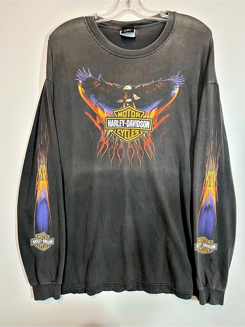 Vintage 90s Harley-Davidson Eagle Purple Flame Hits Long Sleeve Shirt Men's XL